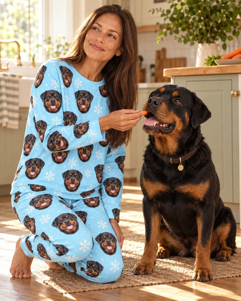 Woman in matching rottweiler pajamas with her Rottweiler — MyDogPics