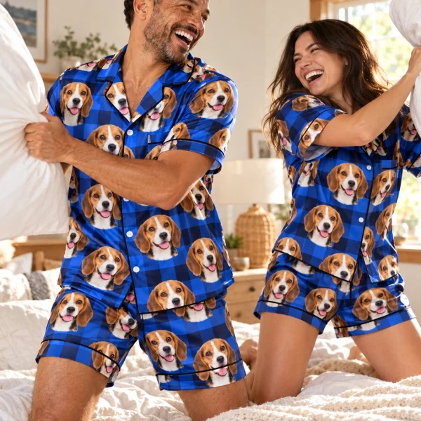 Man and his partner in matching mens beagle pajama shorts with tricolor Beagle (black, tan and white) faces — MyDogPics