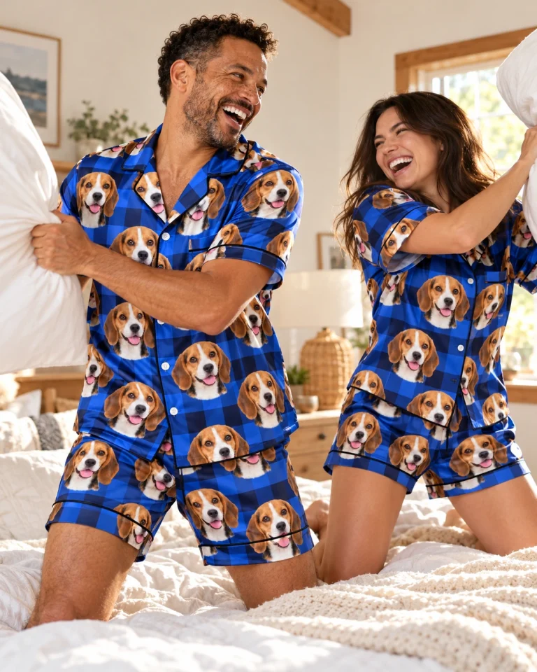 Man and his partner in matching mens beagle pajama shorts with tricolor Beagle (black, tan and white) faces — MyDogPics