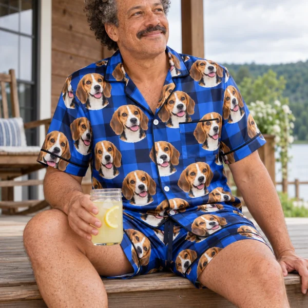 Man sitting in mens beagle pajama shorts covered in tricolor Beagle (black, tan and white) faces — MyDogPics