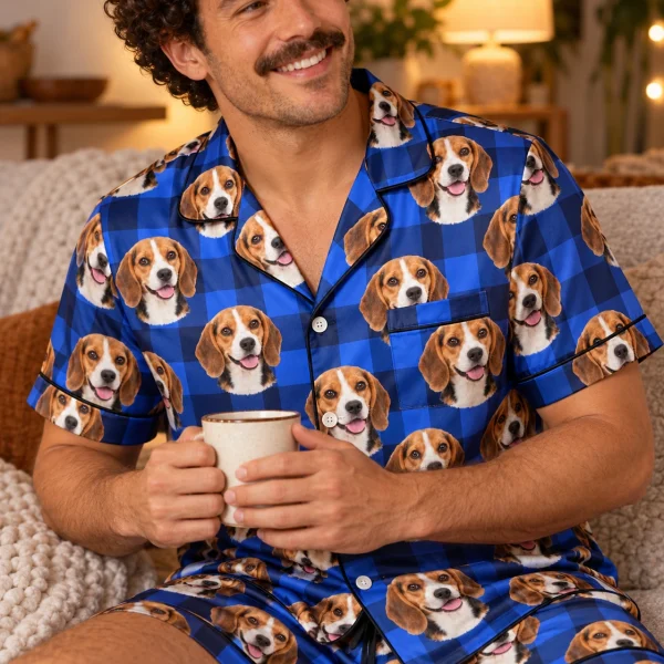 Man sitting in mens beagle pajama shorts covered in tricolor Beagle (black, tan and white) faces — MyDogPics