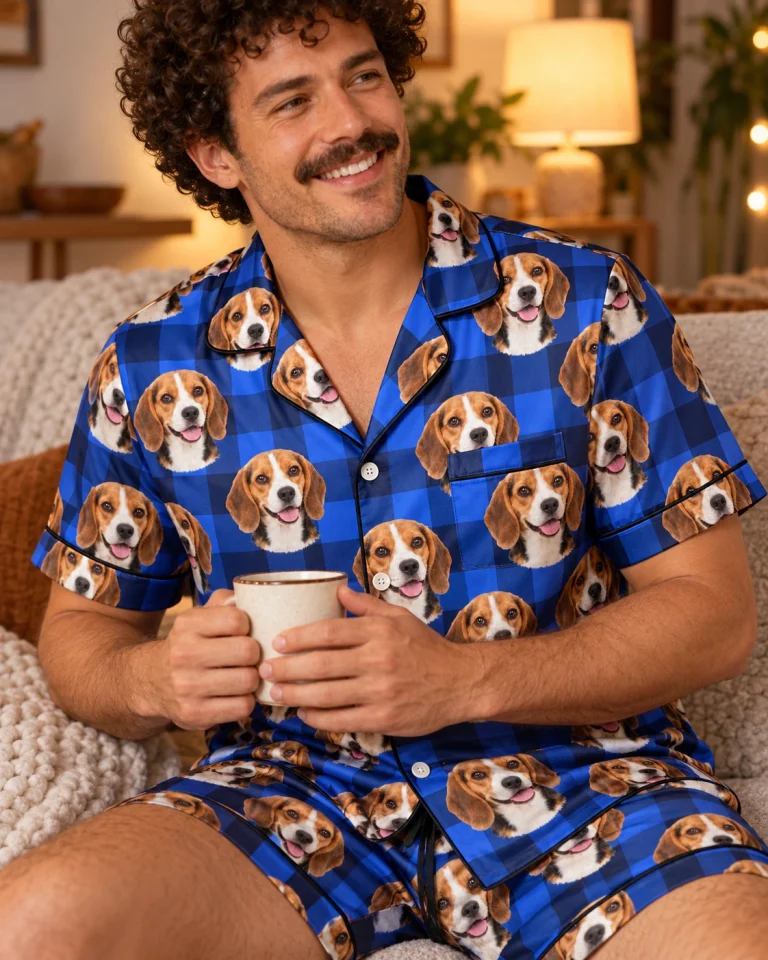 Man sitting in mens beagle pajama shorts covered in tricolor Beagle (black, tan and white) faces — MyDogPics