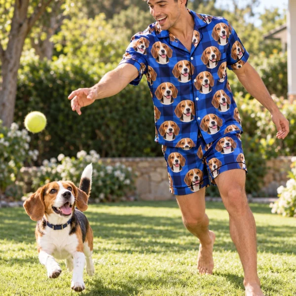 Man in mens beagle pajama shorts with his Beagle — MyDogPics