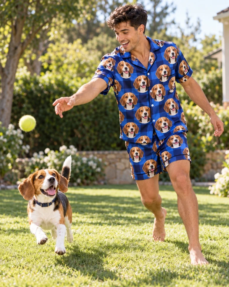 Man in mens beagle pajama shorts with his Beagle — MyDogPics
