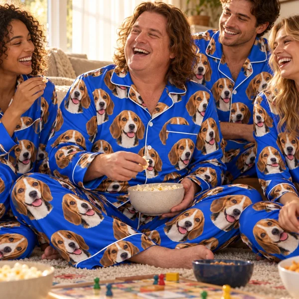 Man and his friends in matching mens beagle pajamas with tricolor Beagle (black, tan and white) faces — MyDogPics
