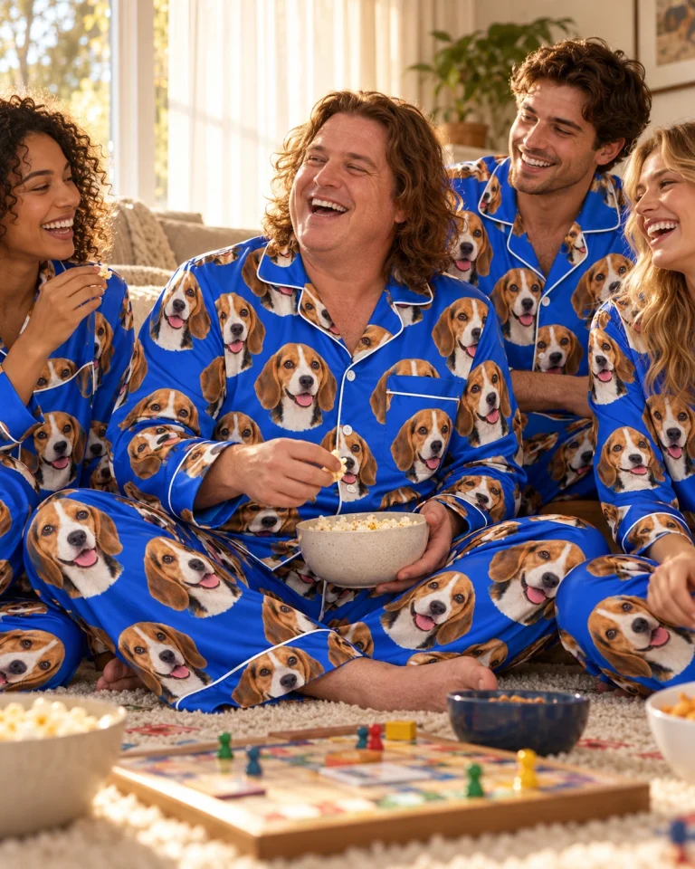 Man and his friends in matching mens beagle pajamas with tricolor Beagle (black, tan and white) faces — MyDogPics