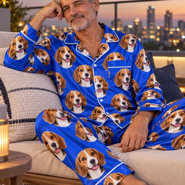 Man sitting in mens beagle pajamas covered in tricolor Beagle (black, tan and white) faces — MyDogPics