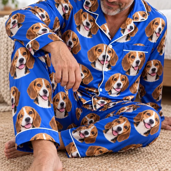 Man sitting in mens beagle pajamas covered in tricolor Beagle (black, tan and white) faces — MyDogPics