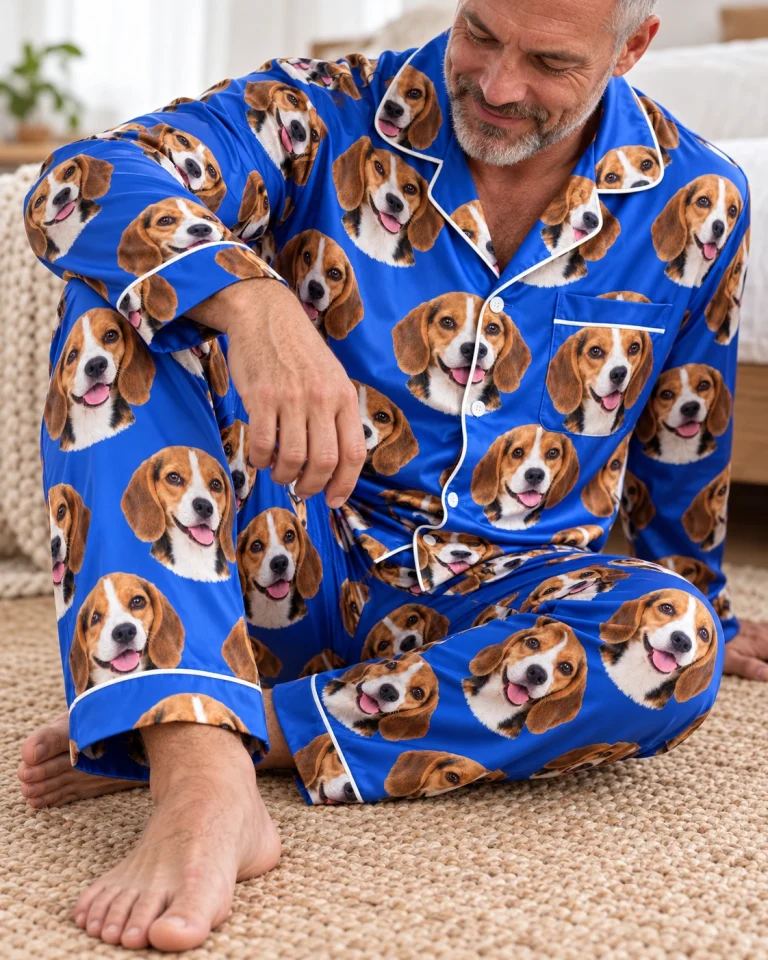 Man sitting in mens beagle pajamas covered in tricolor Beagle (black, tan and white) faces — MyDogPics