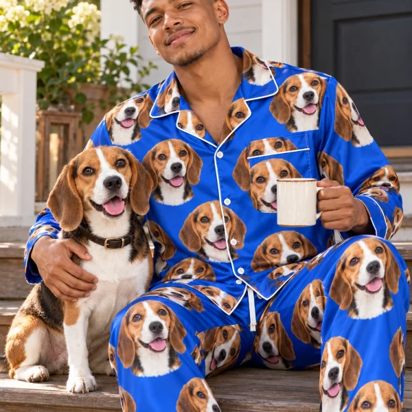 Man in mens beagle pajamas with his Beagle — MyDogPics