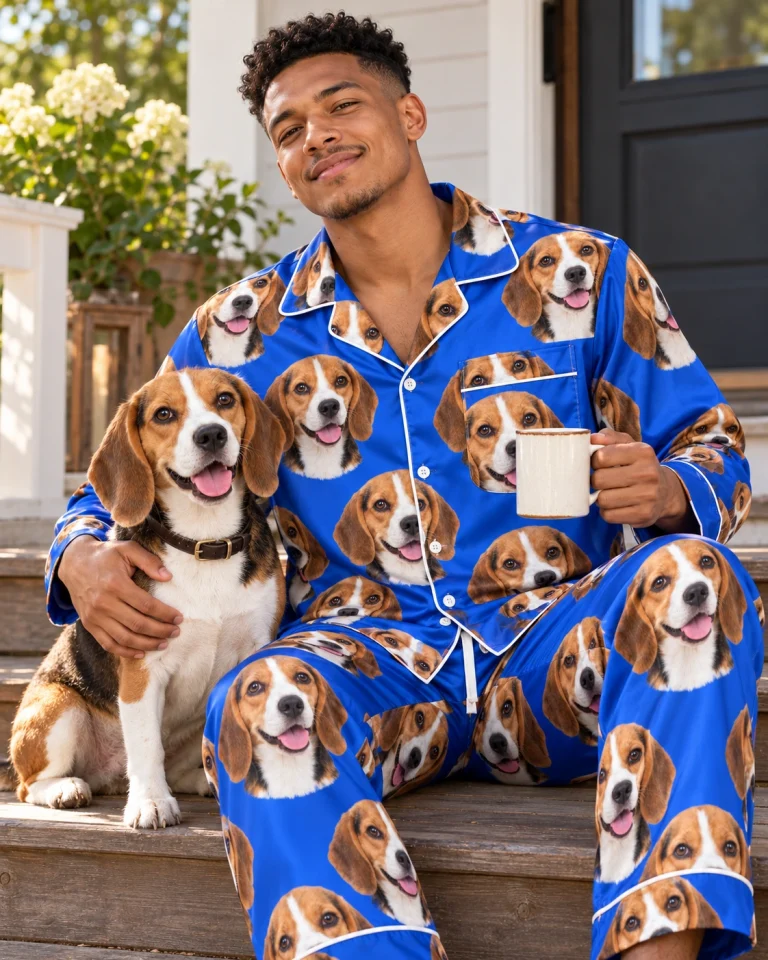 Man in mens beagle pajamas with his Beagle — MyDogPics