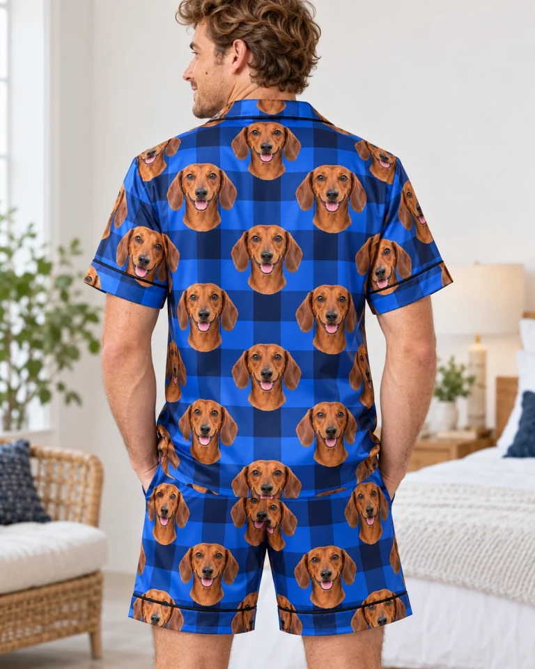 Back view of mens dachshund pajama shorts: the print continues all the way round — MyDogPics