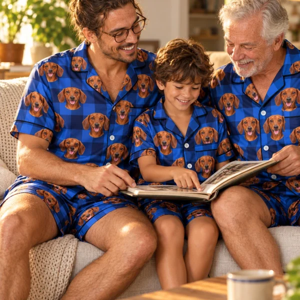 Man and his family in matching mens dachshund pajama shorts with red smooth-coated Dachshund faces — MyDogPics