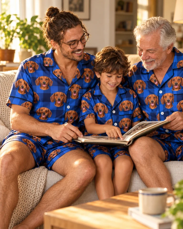 Man and his family in matching mens dachshund pajama shorts with red smooth-coated Dachshund faces — MyDogPics