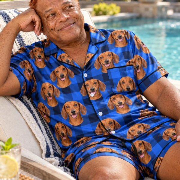 Man sitting in mens dachshund pajama shorts covered in red smooth-coated Dachshund faces — MyDogPics