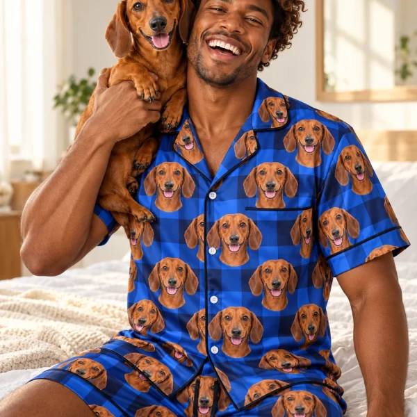 Man in mens dachshund pajama shorts with his Dachshund — MyDogPics