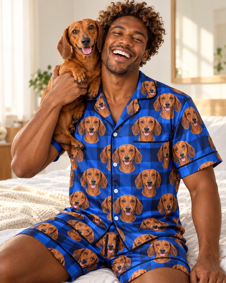 Man in mens dachshund pajama shorts with his Dachshund — MyDogPics