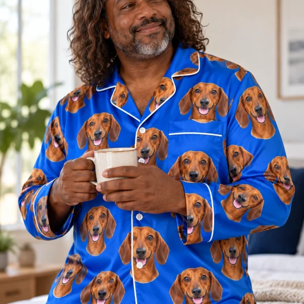 Close-up of the mens dachshund pajamas print: red smooth-coated Dachshund faces on royal blue satin — MyDogPics