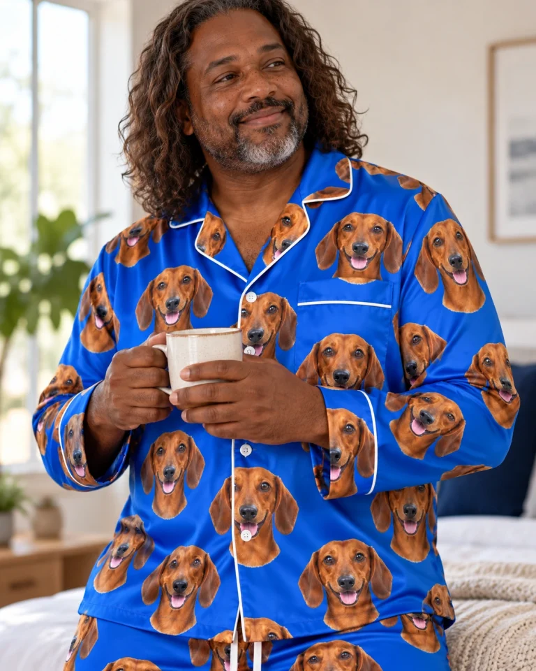 Close-up of the mens dachshund pajamas print: red smooth-coated Dachshund faces on royal blue satin — MyDogPics