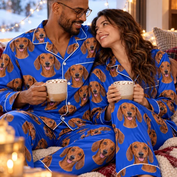 Man and his partner in matching mens dachshund pajamas with red smooth-coated Dachshund faces on royal blue satin — MyDogPics
