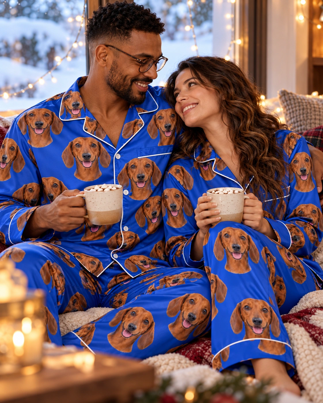 Men’s Dachshund Pajamas – Family, Royal Blue | MyDogPics Man and his partner in matching mens dachshund pajamas with red smooth-coated Dachshund faces on royal blue satin — MyDogPics