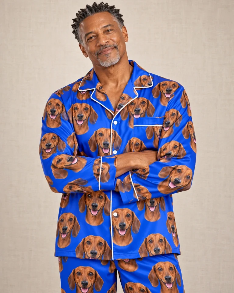 Man posing in mens dachshund pajamas, red smooth-coated Dachshund faces on royal blue satin — MyDogPics