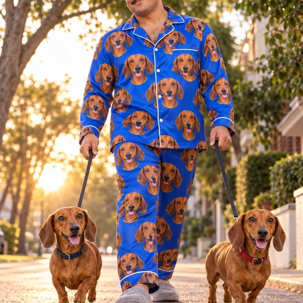 Man in mens dachshund pajamas with his Dachshund — MyDogPics