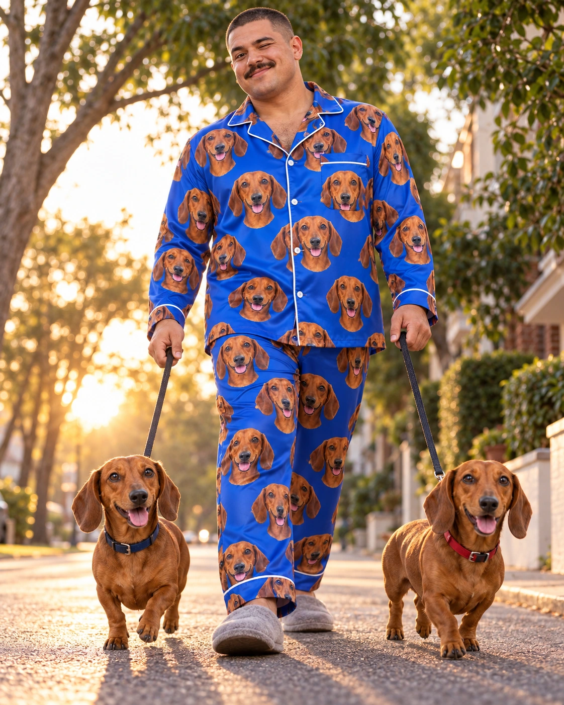 Men’s Dachshund Pajamas – With Dog, Royal Blue | MyDogPics Man in mens dachshund pajamas with his Dachshund — MyDogPics