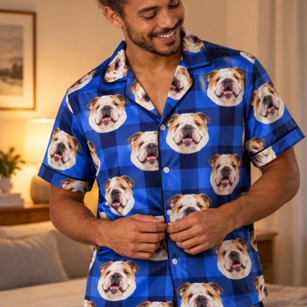 Close-up of the mens english bulldog pajama shorts print with white-and-fawn English Bulldog faces — MyDogPics