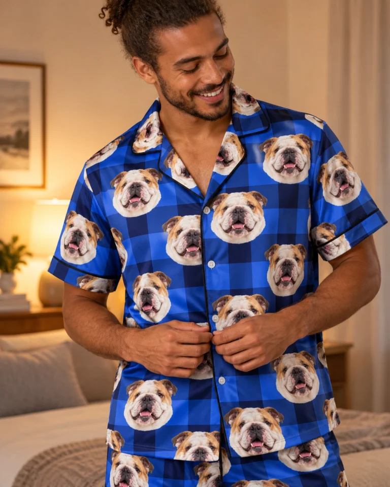 Close-up of the mens english bulldog pajama shorts print with white-and-fawn English Bulldog faces — MyDogPics