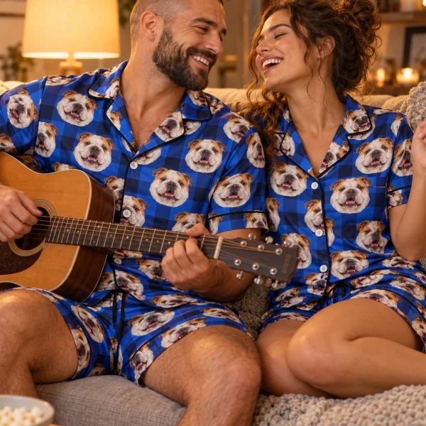 Man and his partner in matching mens english bulldog pajama shorts with white-and-fawn English Bulldog faces — MyDogPics