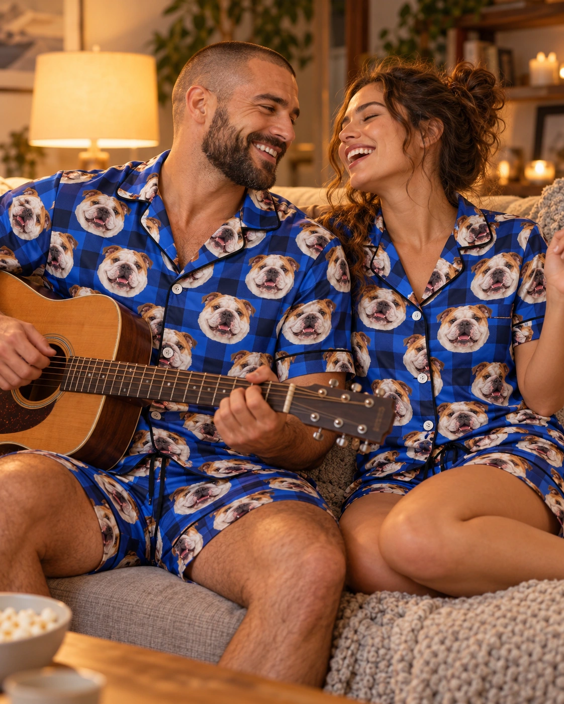 Men’s English Bulldog Pajama Shorts – Family, Blue Plaid | MyDogPics Man and his partner in matching mens english bulldog pajama shorts with white-and-fawn English Bulldog faces — MyDogPics