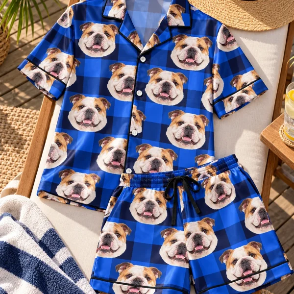Flat lay of mens english bulldog pajama shorts: shirt and shorts covered in white-and-fawn English Bulldog faces — MyDogPics