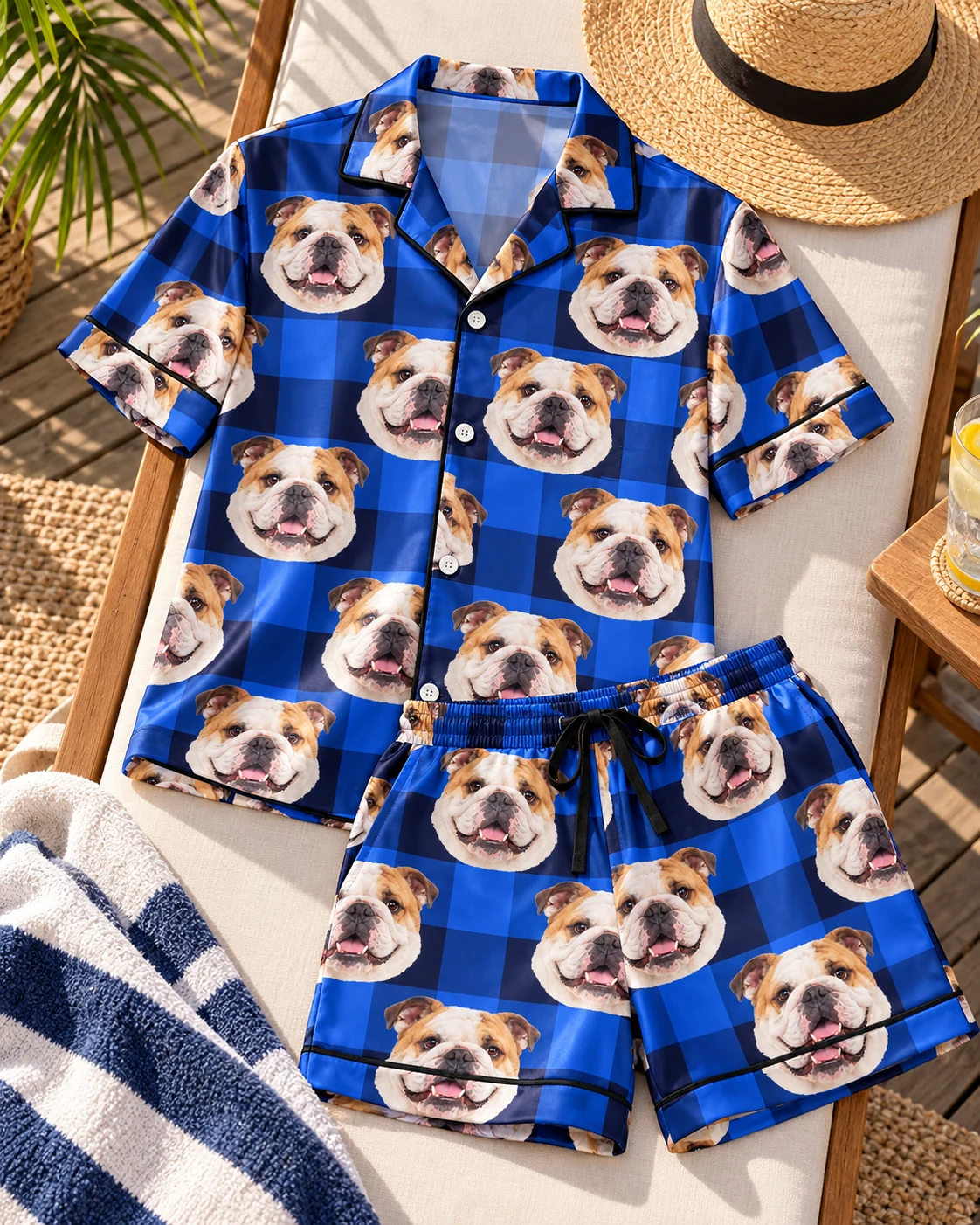 Men’s English Bulldog Pajama Shorts – Flat Lay, Blue Plaid | MyDogPics Flat lay of mens english bulldog pajama shorts: shirt and shorts covered in white-and-fawn English Bulldog faces — MyDogPics