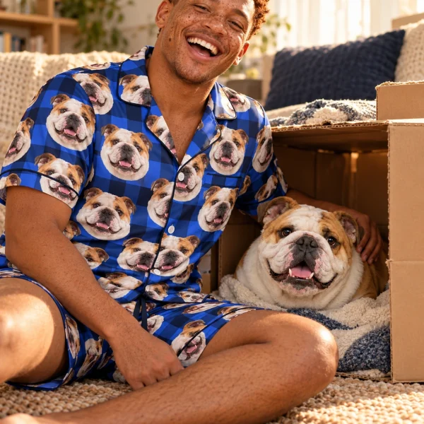 Man in mens english bulldog pajama shorts with his Bulldog — MyDogPics