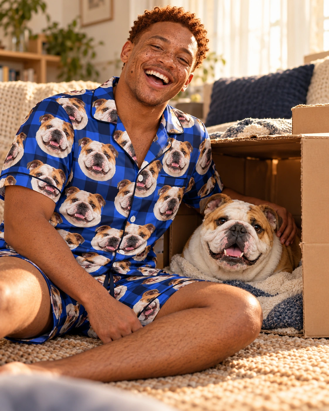 Men’s English Bulldog Pajama Shorts – With Dog, Blue Plaid | MyDogPics Man in mens english bulldog pajama shorts with his Bulldog — MyDogPics