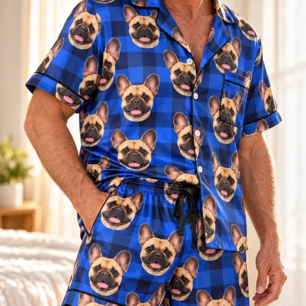 Close-up of the mens French bulldog pajama shorts print: fawn French Bulldog faces on blue plaid satin — MyDogPics