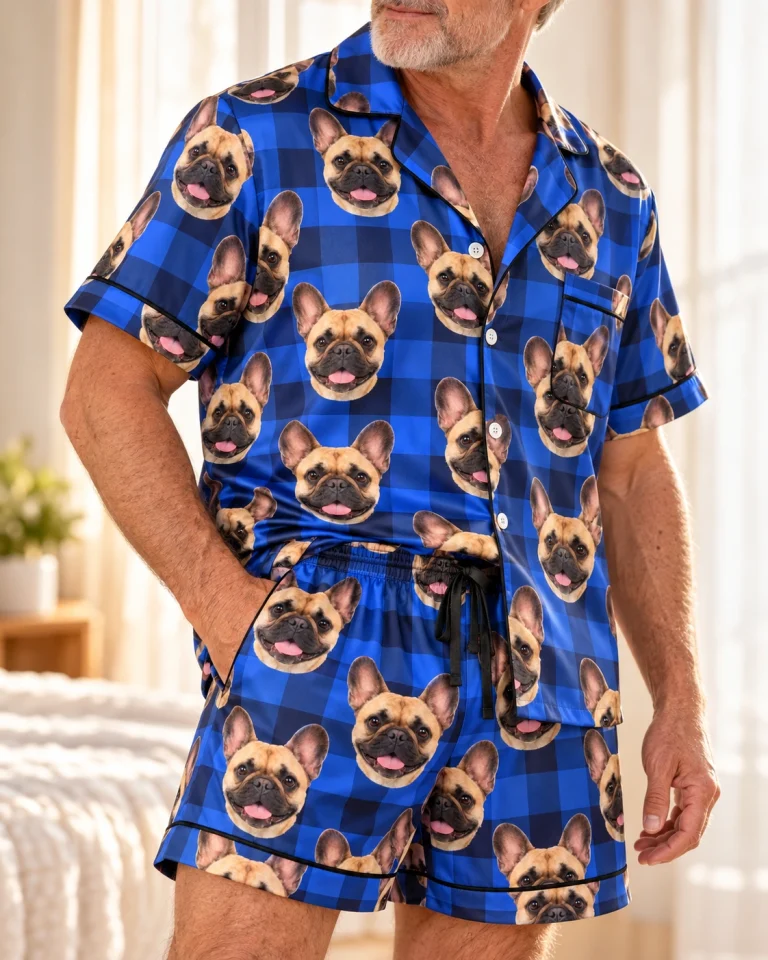 Close-up of the mens French bulldog pajama shorts print: fawn French Bulldog faces on blue plaid satin — MyDogPics