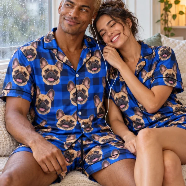 Man and a friend in matching mens French bulldog pajama shorts with fawn French Bulldog faces on blue plaid satin — MyDogPics