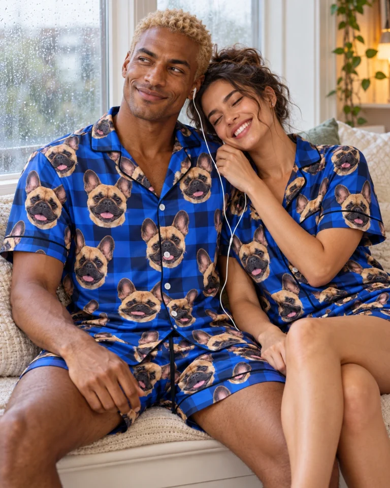Man and a friend in matching mens French bulldog pajama shorts with fawn French Bulldog faces on blue plaid satin — MyDogPics