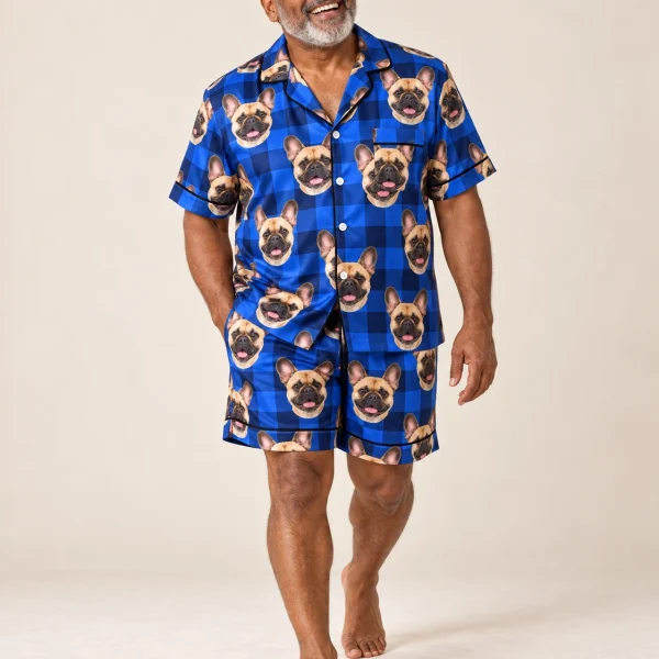Man wearing mens French bulldog pajama shorts covered in fawn French Bulldog faces on blue plaid satin — MyDogPics