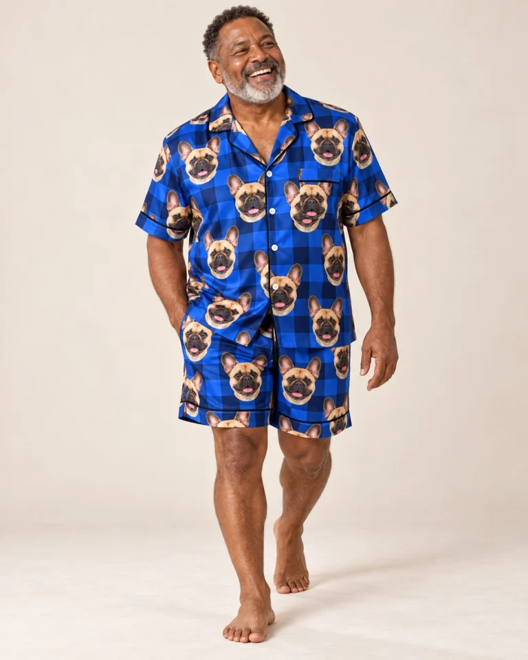 Man wearing mens French bulldog pajama shorts covered in fawn French Bulldog faces on blue plaid satin — MyDogPics