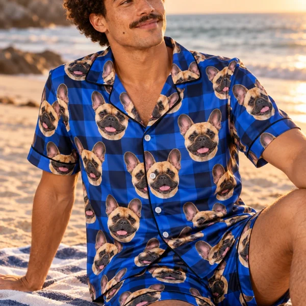 Man sitting in mens French bulldog pajama shorts covered in fawn French Bulldog faces — MyDogPics