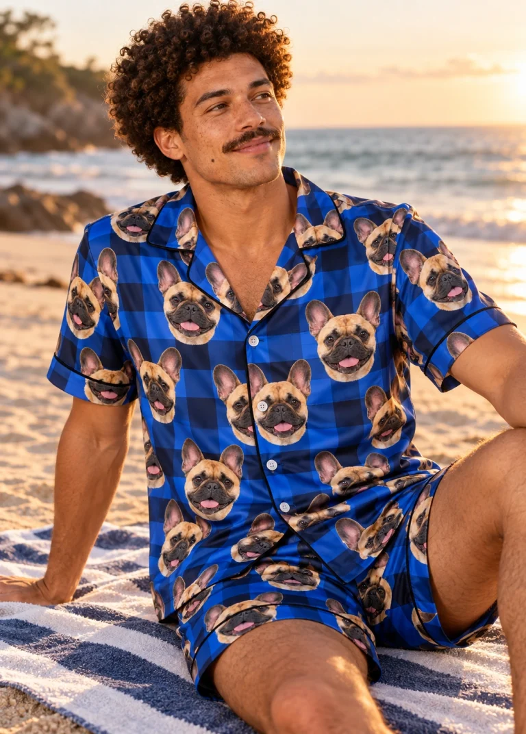Man sitting in mens French bulldog pajama shorts covered in fawn French Bulldog faces — MyDogPics
