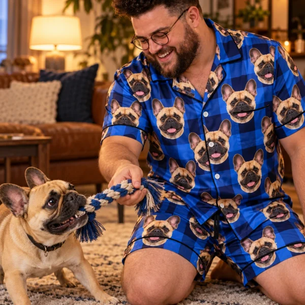 Man in mens French bulldog pajama shorts with his French Bulldog — MyDogPics