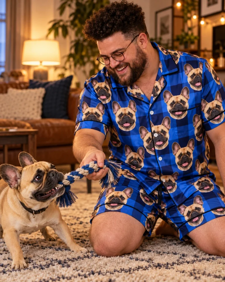 Man in mens French bulldog pajama shorts with his French Bulldog — MyDogPics