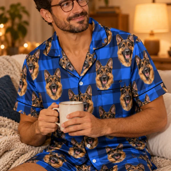 Close-up of the mens German shepherd pajama shorts print: black-and-tan German Shepherd faces on blue plaid satin — MyDogPics