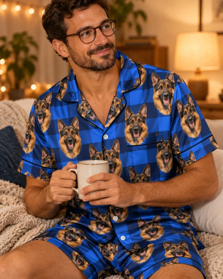 Close-up of the mens German shepherd pajama shorts print: black-and-tan German Shepherd faces on blue plaid satin — MyDogPics