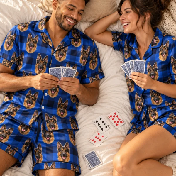 Man and his friends in matching mens German shepherd pajama shorts with black-and-tan German Shepherd faces — MyDogPics