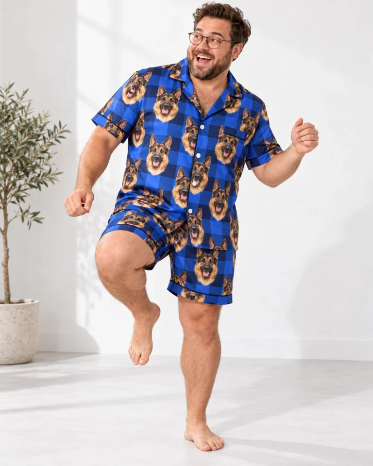 Man wearing mens German shepherd pajama shorts covered in black-and-tan German Shepherd faces on blue plaid satin — MyDogPics